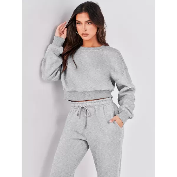 imageANRABESS Womens Two Piece Outfits Long Sleeve Crew Neck Crop Sweatsuit with Jogger Pants Lounge Sets with PocketsGrey