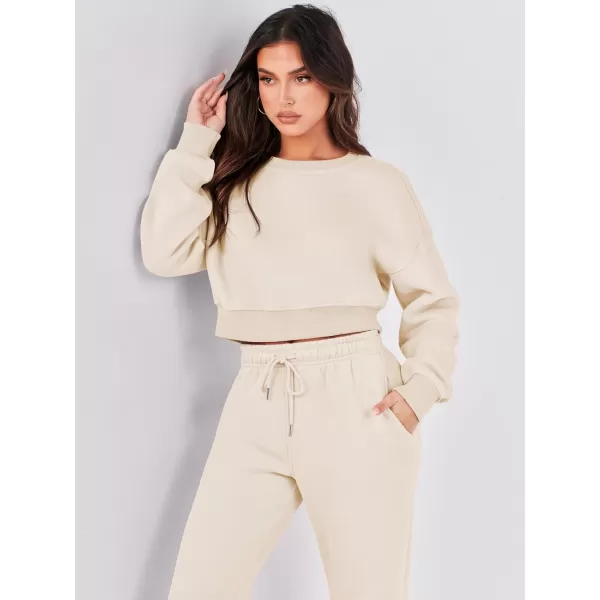 imageANRABESS Womens Two Piece Outfits Long Sleeve Crew Neck Crop Sweatsuit with Jogger Pants Lounge Sets with PocketsKhaki