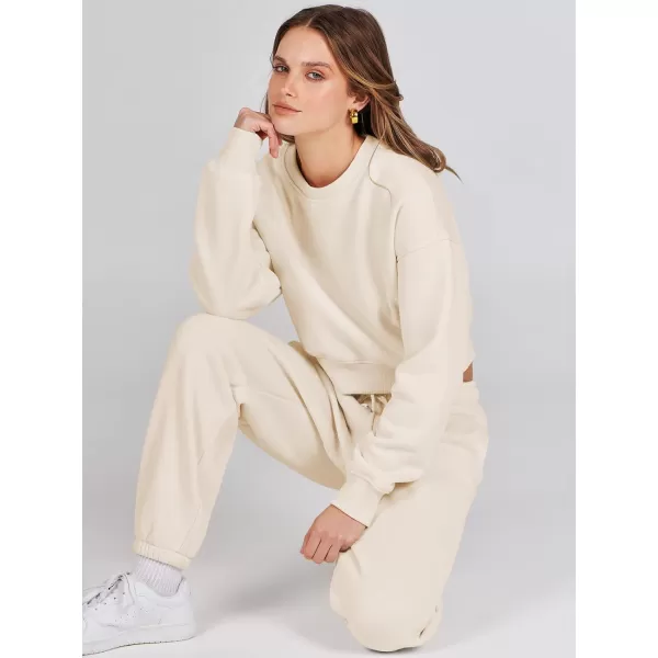 imageANRABESS Womens Two Piece Outfits Long Sleeve Crew Neck Crop Sweatsuit with Jogger Pants Lounge Sets with PocketsKhaki