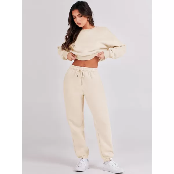 imageANRABESS Womens Two Piece Outfits Long Sleeve Crew Neck Crop Sweatsuit with Jogger Pants Lounge Sets with PocketsKhaki