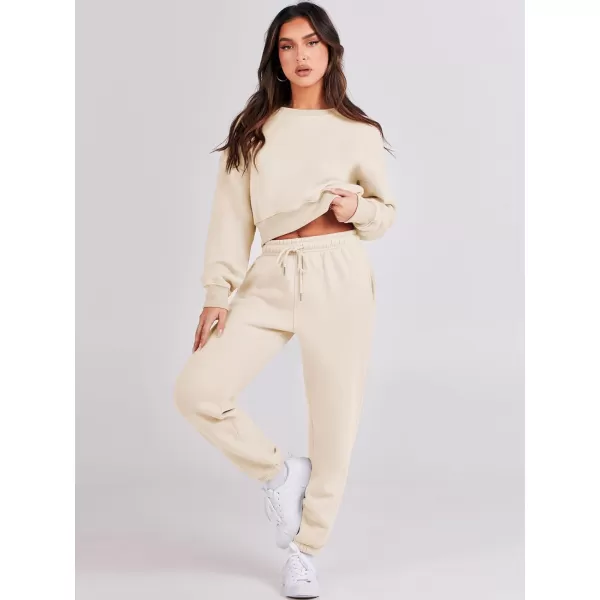 imageANRABESS Womens Two Piece Outfits Long Sleeve Crew Neck Crop Sweatsuit with Jogger Pants Lounge Sets with PocketsKhaki