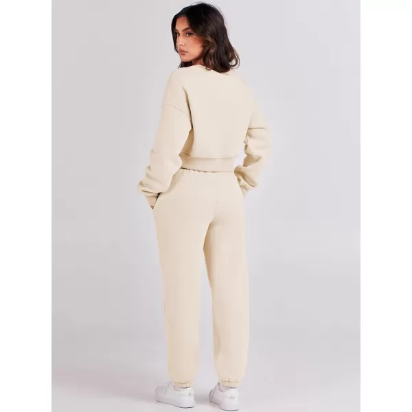 imageANRABESS Womens Two Piece Outfits Long Sleeve Crew Neck Crop Sweatsuit with Jogger Pants Lounge Sets with PocketsKhaki