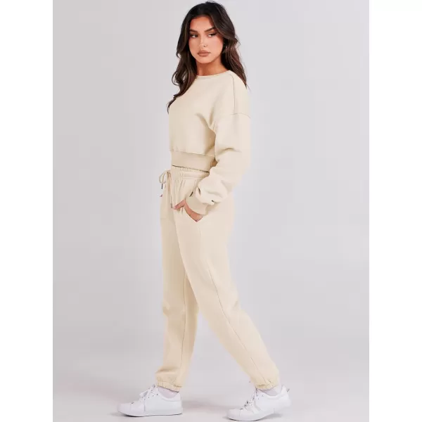 imageANRABESS Womens Two Piece Outfits Long Sleeve Crew Neck Crop Sweatsuit with Jogger Pants Lounge Sets with PocketsKhaki
