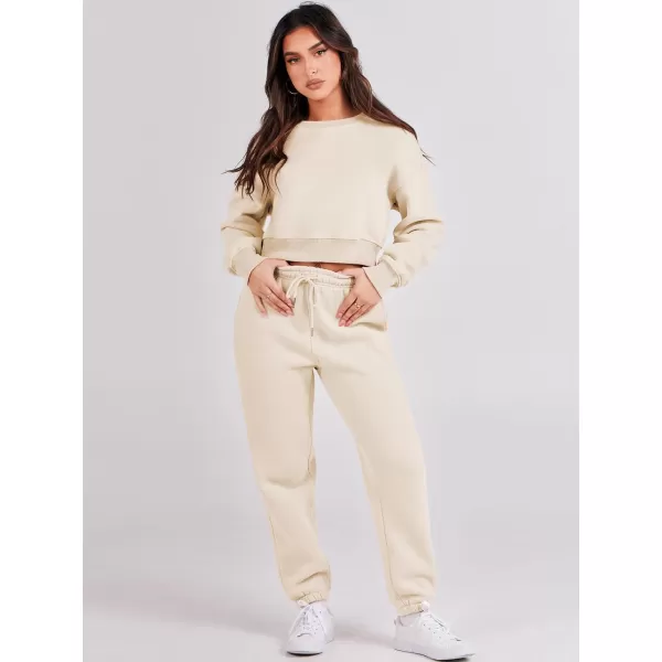 imageANRABESS Womens Two Piece Outfits Long Sleeve Crew Neck Crop Sweatsuit with Jogger Pants Lounge Sets with PocketsKhaki