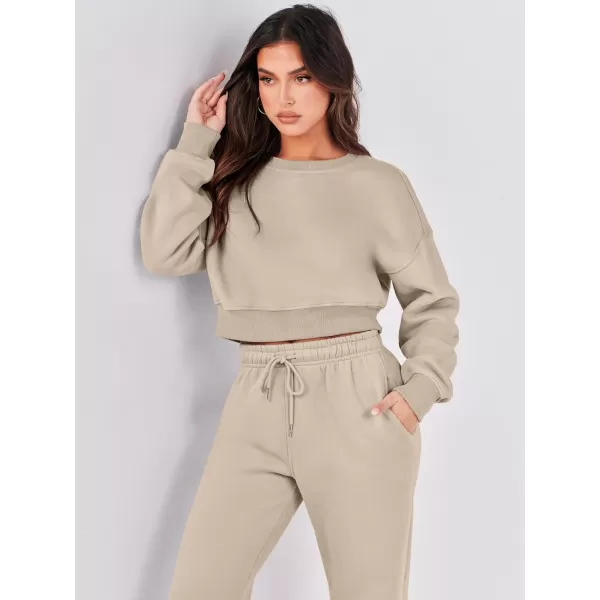 imageANRABESS Womens Two Piece Outfits Long Sleeve Crew Neck Crop Sweatsuit with Jogger Pants Lounge Sets with PocketsLight Brown