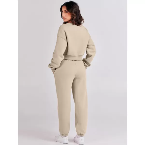 imageANRABESS Womens Two Piece Outfits Long Sleeve Crew Neck Crop Sweatsuit with Jogger Pants Lounge Sets with PocketsLight Brown