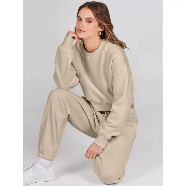 imageANRABESS Womens Two Piece Outfits Long Sleeve Crew Neck Crop Sweatsuit with Jogger Pants Lounge Sets with PocketsLight Brown