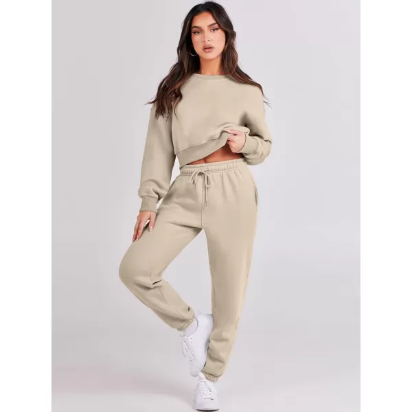 imageANRABESS Womens Two Piece Outfits Long Sleeve Crew Neck Crop Sweatsuit with Jogger Pants Lounge Sets with PocketsLight Brown