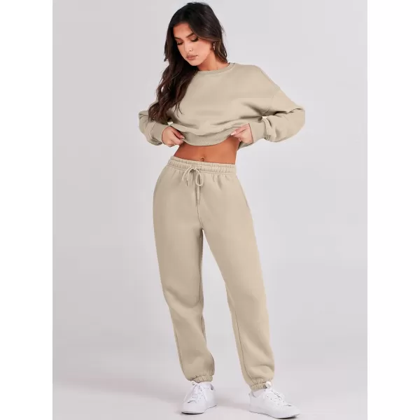imageANRABESS Womens Two Piece Outfits Long Sleeve Crew Neck Crop Sweatsuit with Jogger Pants Lounge Sets with PocketsLight Brown