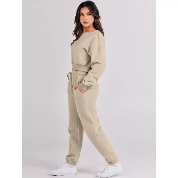 imageANRABESS Womens Two Piece Outfits Long Sleeve Crew Neck Crop Sweatsuit with Jogger Pants Lounge Sets with PocketsLight Brown