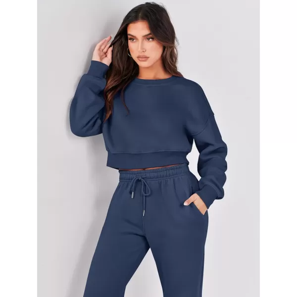 imageANRABESS Womens Two Piece Outfits Long Sleeve Crew Neck Crop Sweatsuit with Jogger Pants Lounge Sets with PocketsNavy Blue