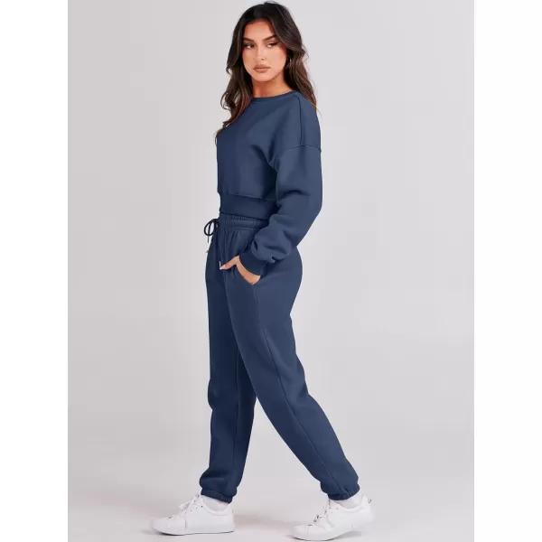 imageANRABESS Womens Two Piece Outfits Long Sleeve Crew Neck Crop Sweatsuit with Jogger Pants Lounge Sets with PocketsNavy Blue