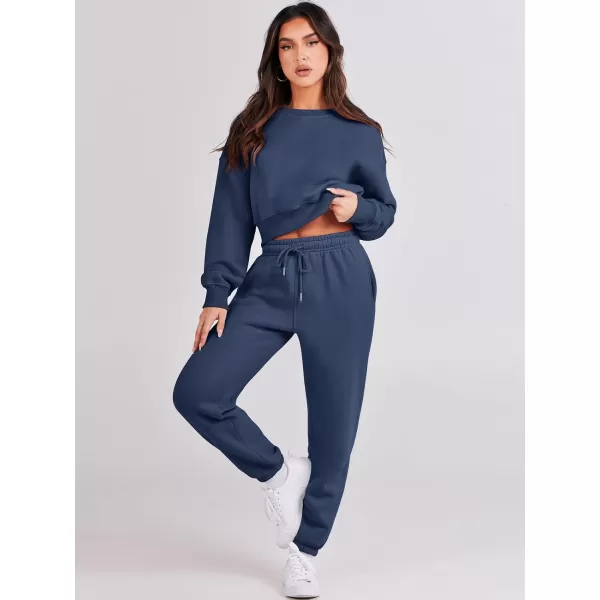 imageANRABESS Womens Two Piece Outfits Long Sleeve Crew Neck Crop Sweatsuit with Jogger Pants Lounge Sets with PocketsNavy Blue