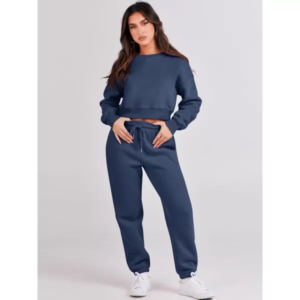 imageANRABESS Womens Two Piece Outfits Long Sleeve Crew Neck Crop Sweatsuit with Jogger Pants Lounge Sets with PocketsNavy Blue