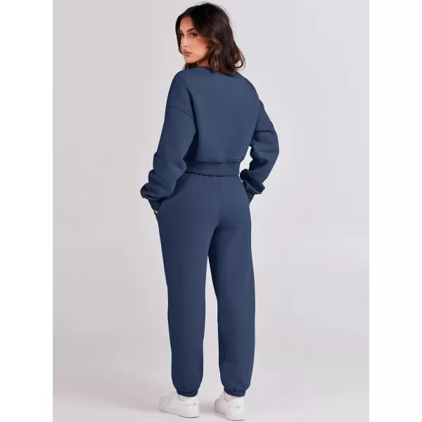 imageANRABESS Womens Two Piece Outfits Long Sleeve Crew Neck Crop Sweatsuit with Jogger Pants Lounge Sets with PocketsNavy Blue