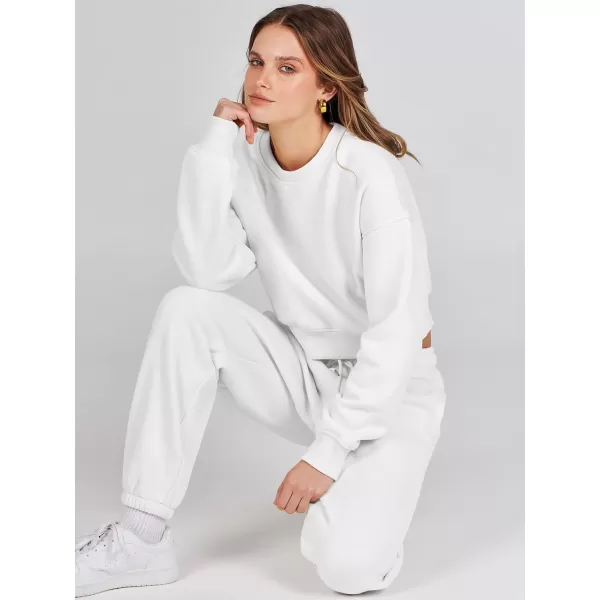 imageANRABESS Womens Two Piece Outfits Long Sleeve Crew Neck Crop Sweatsuit with Jogger Pants Lounge Sets with PocketsWhite