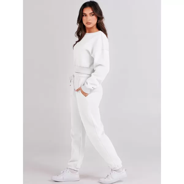 imageANRABESS Womens Two Piece Outfits Long Sleeve Crew Neck Crop Sweatsuit with Jogger Pants Lounge Sets with PocketsWhite