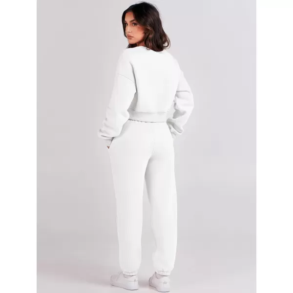 imageANRABESS Womens Two Piece Outfits Long Sleeve Crew Neck Crop Sweatsuit with Jogger Pants Lounge Sets with PocketsWhite