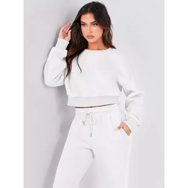 imageANRABESS Womens Two Piece Outfits Long Sleeve Crew Neck Crop Sweatsuit with Jogger Pants Lounge Sets with PocketsWhite