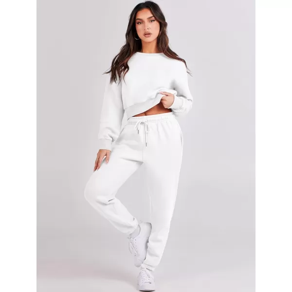 imageANRABESS Womens Two Piece Outfits Long Sleeve Crew Neck Crop Sweatsuit with Jogger Pants Lounge Sets with PocketsWhite