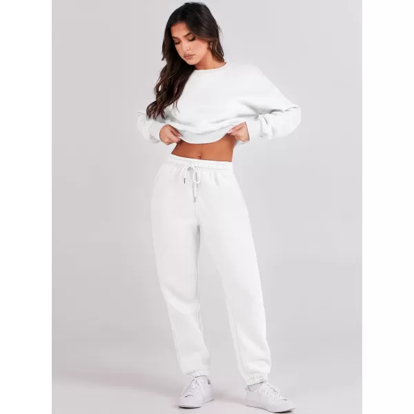 imageANRABESS Womens Two Piece Outfits Long Sleeve Crew Neck Crop Sweatsuit with Jogger Pants Lounge Sets with PocketsWhite