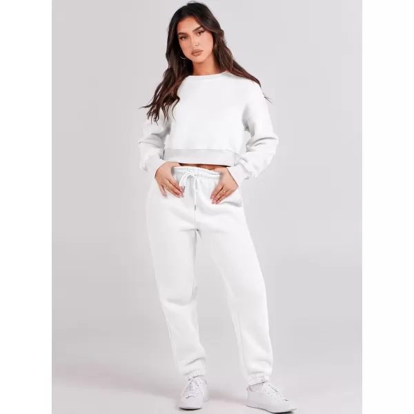 imageANRABESS Womens Two Piece Outfits Long Sleeve Crew Neck Crop Sweatsuit with Jogger Pants Lounge Sets with PocketsWhite