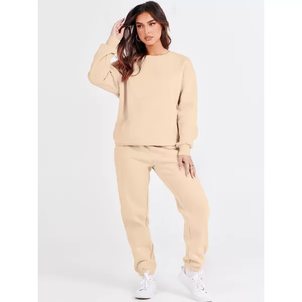 imageANRABESS Womens Two Piece Outfits Long Sleeve Crewneck Sweatsuit with Jogger Pants Lounge Sets with PocketsApricot