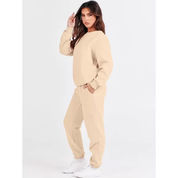 imageANRABESS Womens Two Piece Outfits Long Sleeve Crewneck Sweatsuit with Jogger Pants Lounge Sets with PocketsApricot