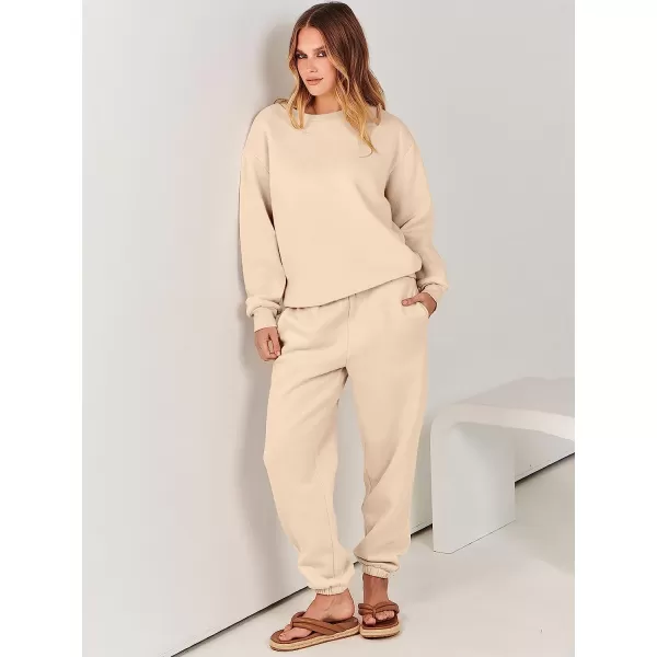 imageANRABESS Womens Two Piece Outfits Long Sleeve Crewneck Sweatsuit with Jogger Pants Lounge Sets with PocketsApricot