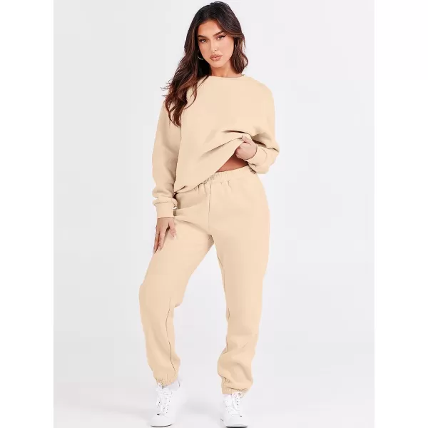 imageANRABESS Womens Two Piece Outfits Long Sleeve Crewneck Sweatsuit with Jogger Pants Lounge Sets with PocketsApricot