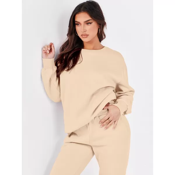 imageANRABESS Womens Two Piece Outfits Long Sleeve Crewneck Sweatsuit with Jogger Pants Lounge Sets with PocketsApricot