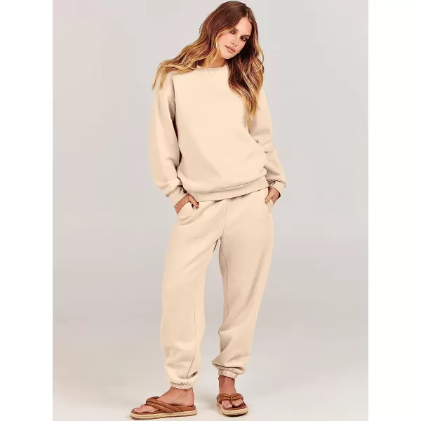 imageANRABESS Womens Two Piece Outfits Long Sleeve Crewneck Sweatsuit with Jogger Pants Lounge Sets with PocketsApricot