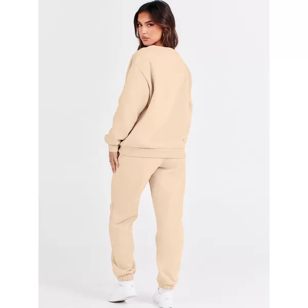 imageANRABESS Womens Two Piece Outfits Long Sleeve Crewneck Sweatsuit with Jogger Pants Lounge Sets with PocketsApricot