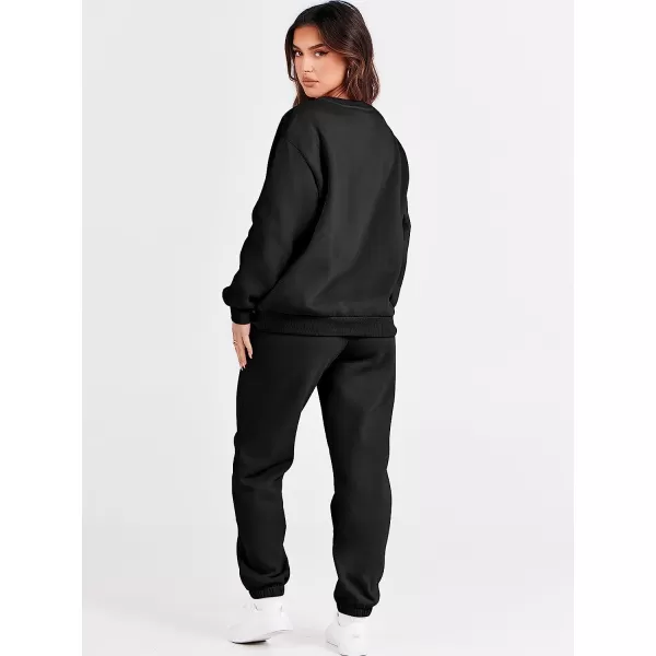 imageANRABESS Womens Two Piece Outfits Long Sleeve Crewneck Sweatsuit with Jogger Pants Lounge Sets with PocketsBlack