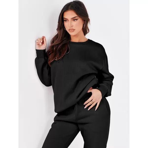 imageANRABESS Womens Two Piece Outfits Long Sleeve Crewneck Sweatsuit with Jogger Pants Lounge Sets with PocketsBlack