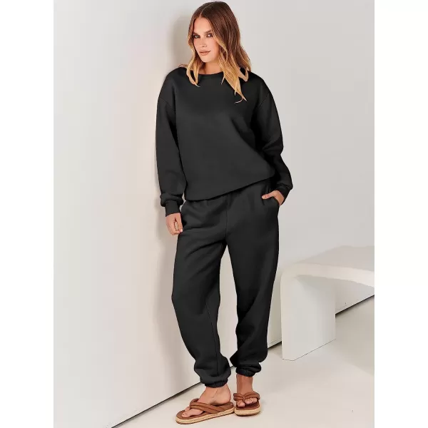 imageANRABESS Womens Two Piece Outfits Long Sleeve Crewneck Sweatsuit with Jogger Pants Lounge Sets with PocketsBlack