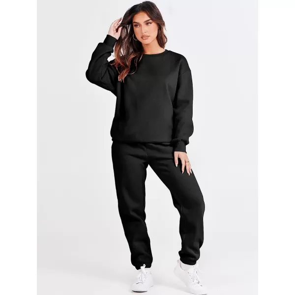imageANRABESS Womens Two Piece Outfits Long Sleeve Crewneck Sweatsuit with Jogger Pants Lounge Sets with PocketsBlack