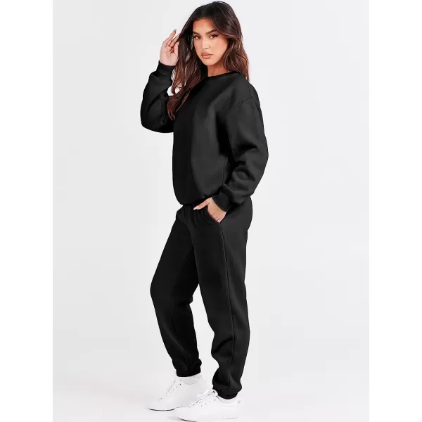 imageANRABESS Womens Two Piece Outfits Long Sleeve Crewneck Sweatsuit with Jogger Pants Lounge Sets with PocketsBlack