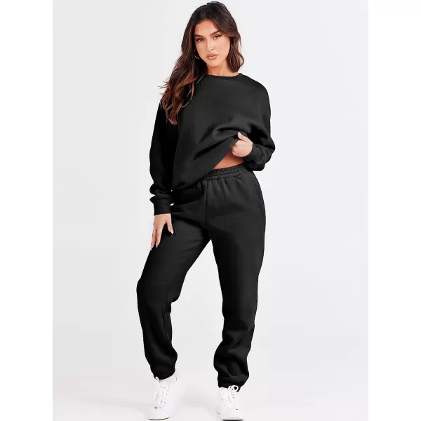 imageANRABESS Womens Two Piece Outfits Long Sleeve Crewneck Sweatsuit with Jogger Pants Lounge Sets with PocketsBlack