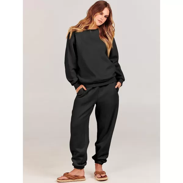 imageANRABESS Womens Two Piece Outfits Long Sleeve Crewneck Sweatsuit with Jogger Pants Lounge Sets with PocketsBlack