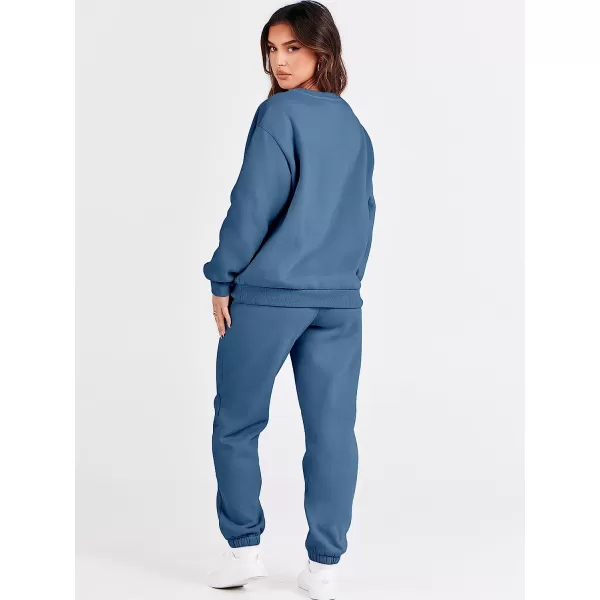 imageANRABESS Womens Two Piece Outfits Long Sleeve Crewneck Sweatsuit with Jogger Pants Lounge Sets with PocketsBlue