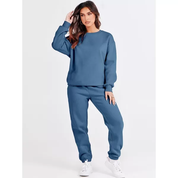 imageANRABESS Womens Two Piece Outfits Long Sleeve Crewneck Sweatsuit with Jogger Pants Lounge Sets with PocketsBlue