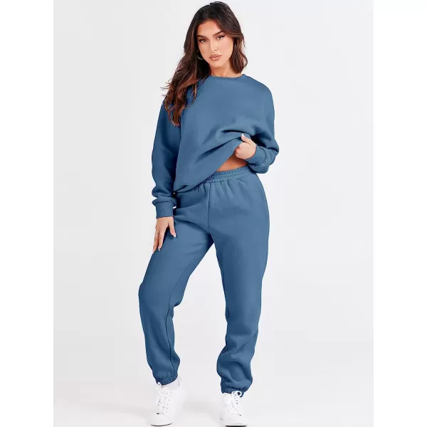 imageANRABESS Womens Two Piece Outfits Long Sleeve Crewneck Sweatsuit with Jogger Pants Lounge Sets with PocketsBlue