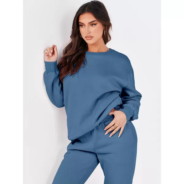 imageANRABESS Womens Two Piece Outfits Long Sleeve Crewneck Sweatsuit with Jogger Pants Lounge Sets with PocketsBlue