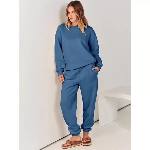 imageANRABESS Womens Two Piece Outfits Long Sleeve Crewneck Sweatsuit with Jogger Pants Lounge Sets with PocketsBlue