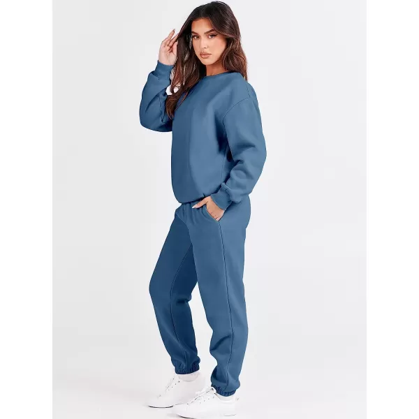 imageANRABESS Womens Two Piece Outfits Long Sleeve Crewneck Sweatsuit with Jogger Pants Lounge Sets with PocketsBlue