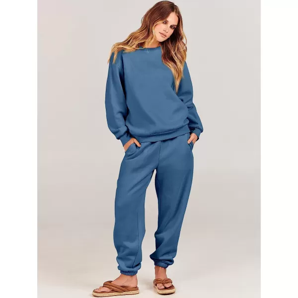 imageANRABESS Womens Two Piece Outfits Long Sleeve Crewneck Sweatsuit with Jogger Pants Lounge Sets with PocketsBlue