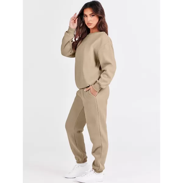 imageANRABESS Womens Two Piece Outfits Long Sleeve Crewneck Sweatsuit with Jogger Pants Lounge Sets with PocketsBrown