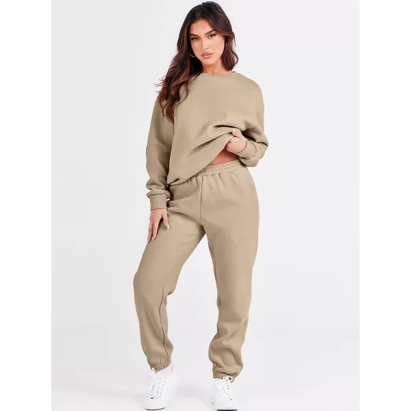 imageANRABESS Womens Two Piece Outfits Long Sleeve Crewneck Sweatsuit with Jogger Pants Lounge Sets with PocketsBrown