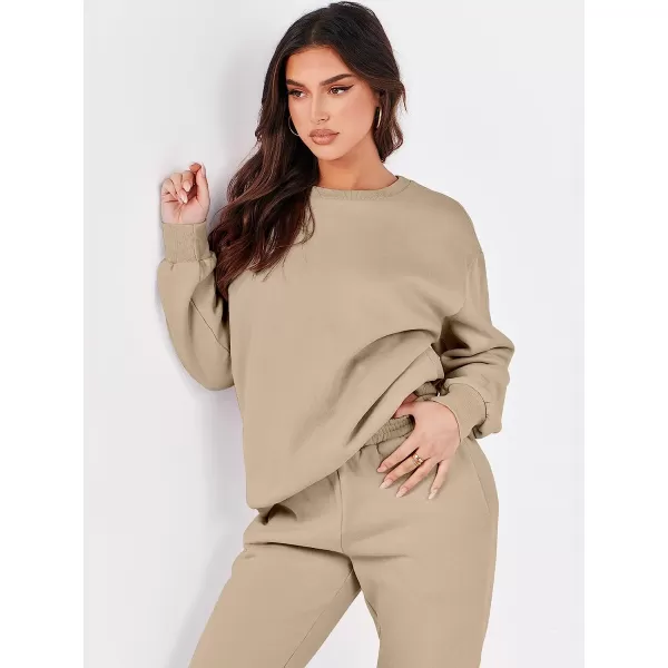 imageANRABESS Womens Two Piece Outfits Long Sleeve Crewneck Sweatsuit with Jogger Pants Lounge Sets with PocketsBrown